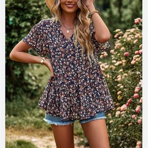 Luyaa Women Floral Print Ruched V Neck Short Sleeve Blouse New With Tags
